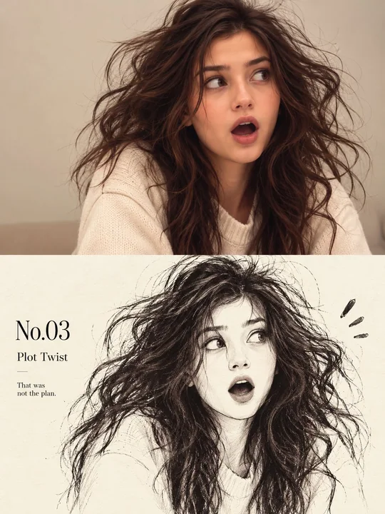 创意垂直分割女性肖像摄影与手绘素描