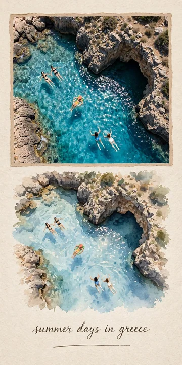希腊夏日旅行日志海报写实与水彩结合