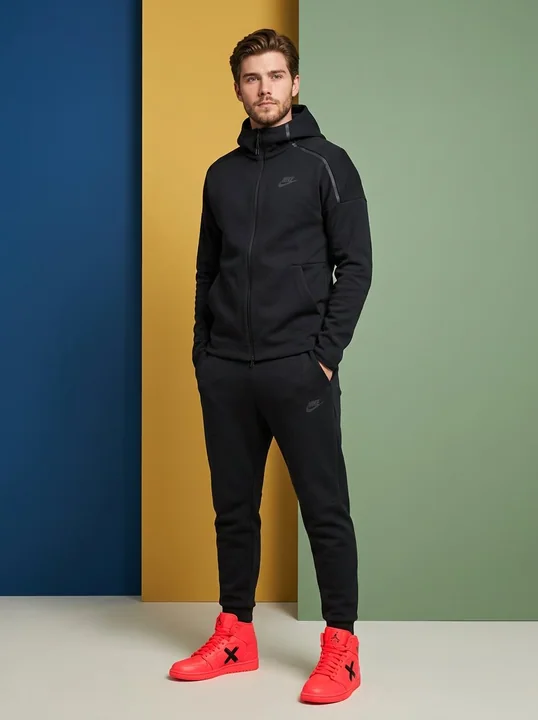 Une photo de mode des vêtements Nike noirs mats et des chaussures néon