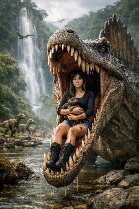 The Chic and Fierce Girl in the Massive Jaws of Spinosaurus and the Prehistoric Wonder