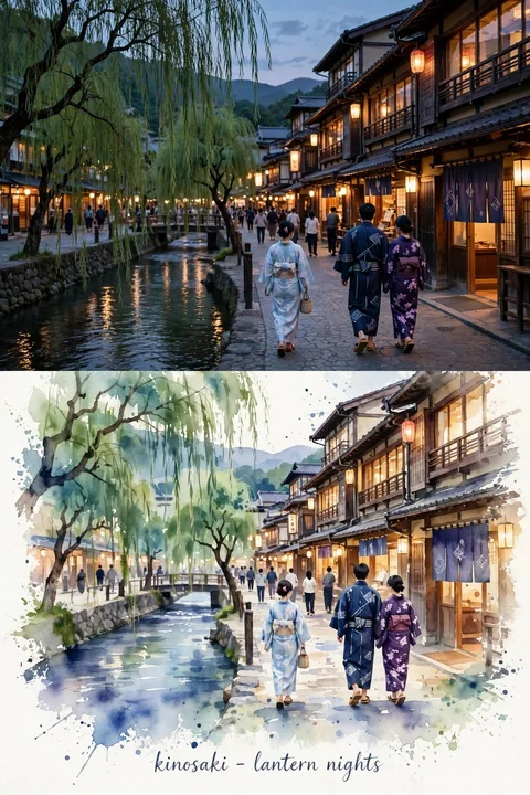 电影感日本城崎箱根温泉街复古插画