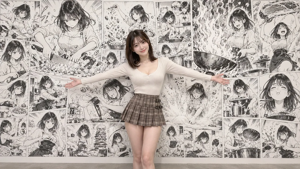 日本女性与背景烹饪漫画墙