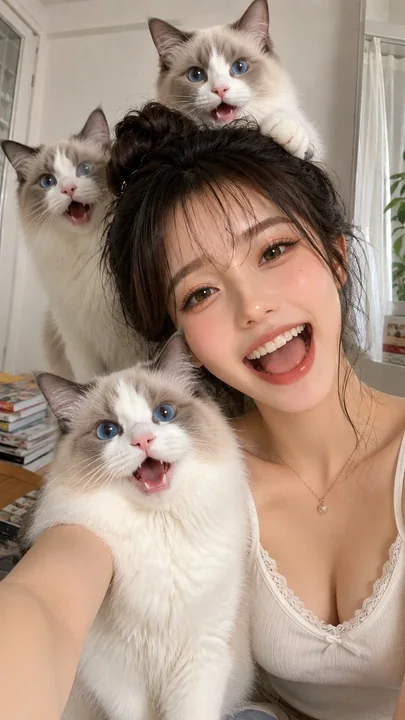 女子与三只猫的早晨自拍