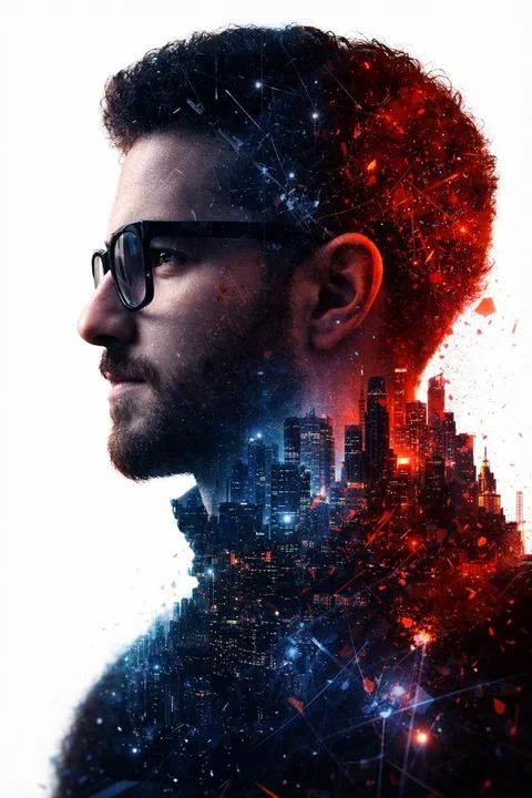 Future City Under Red and Blue Light and Shadows: Double Exposure Youth