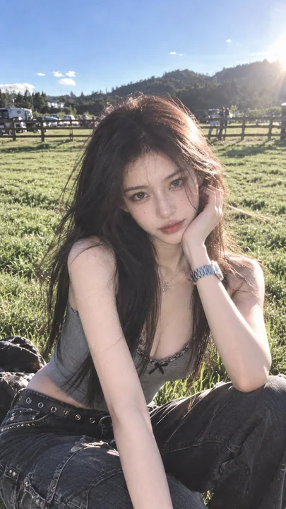 夏日草地酷感辣妹古早DV质感人像