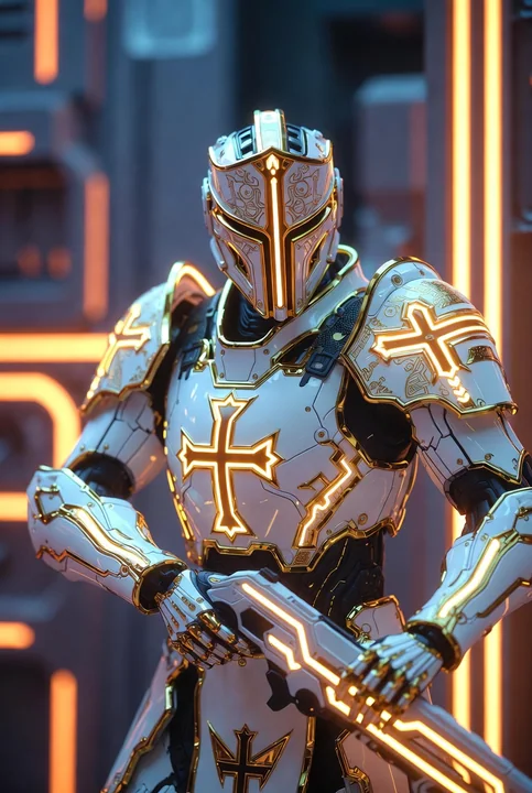 Cyber Legend Reimagined: Future Templar Knight in Pure White Golden Armor