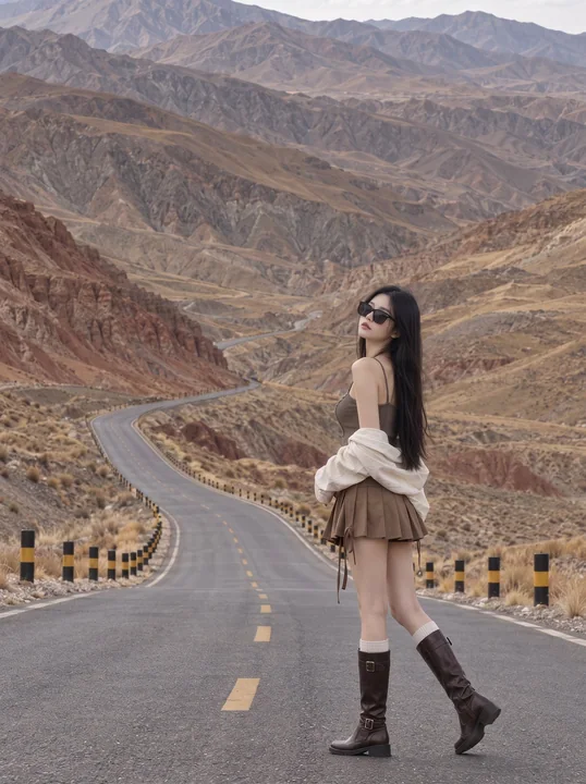 荒山公路东亚女性户外旅行摄影
