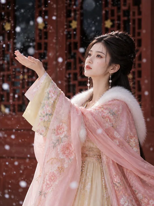 3比4竖构图雪天半身古风人像接雪意境