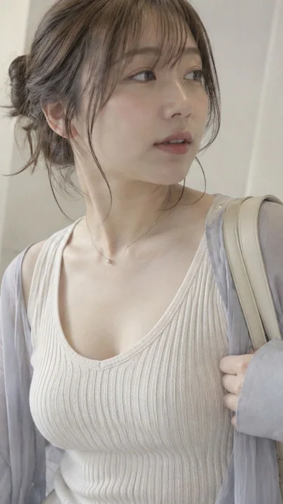 明亮走廊淡紫衬衫侧头张望的女性半身像