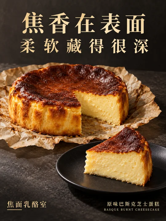 焦面乳酪室:焦香表面与柔软内芯的写实海报