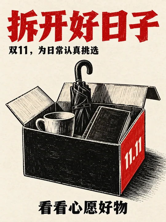 极简木刻版画风双十一开箱海报