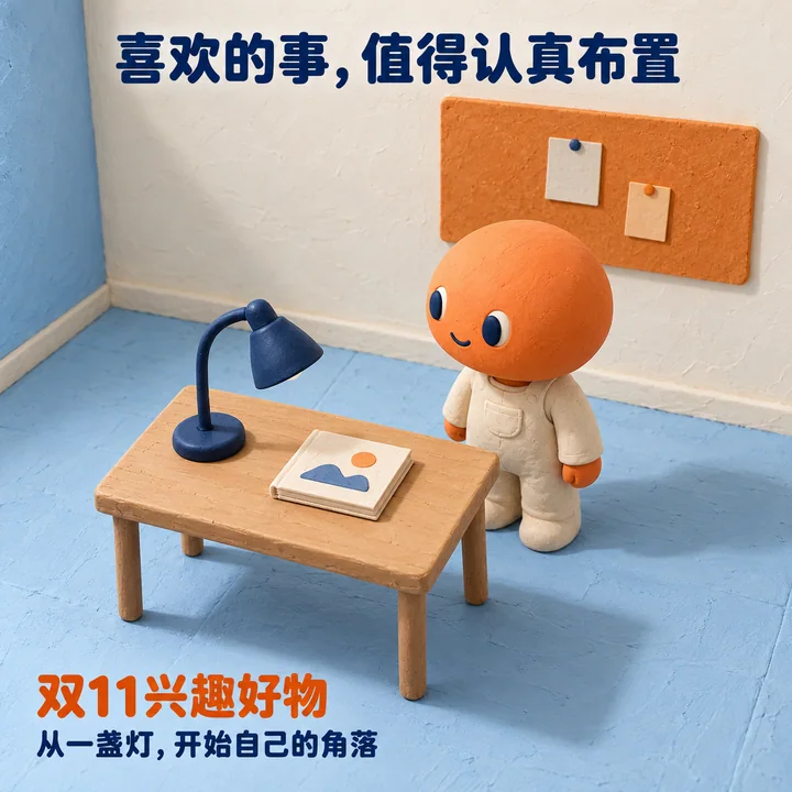 橙色黏土小人布置书桌的治愈瞬间