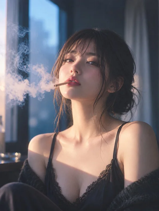 蓝窗边的烟雾与二十岁女性人像