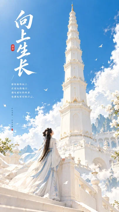 东方禅意极简高挺白塔古风女子海报