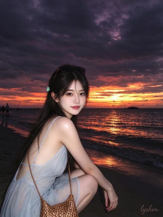 自然随性海边日落东亚女性人像