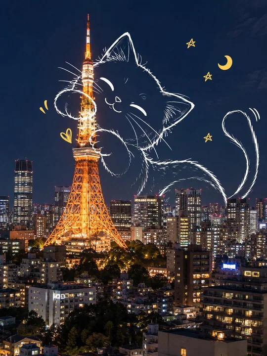 真实摄影与白色手绘巨猫创意涂鸦插画