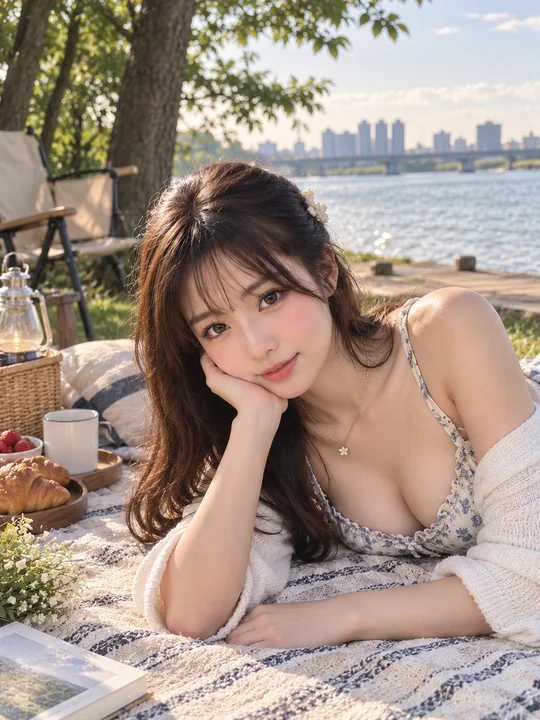 河边早餐与托腮女性特写写真