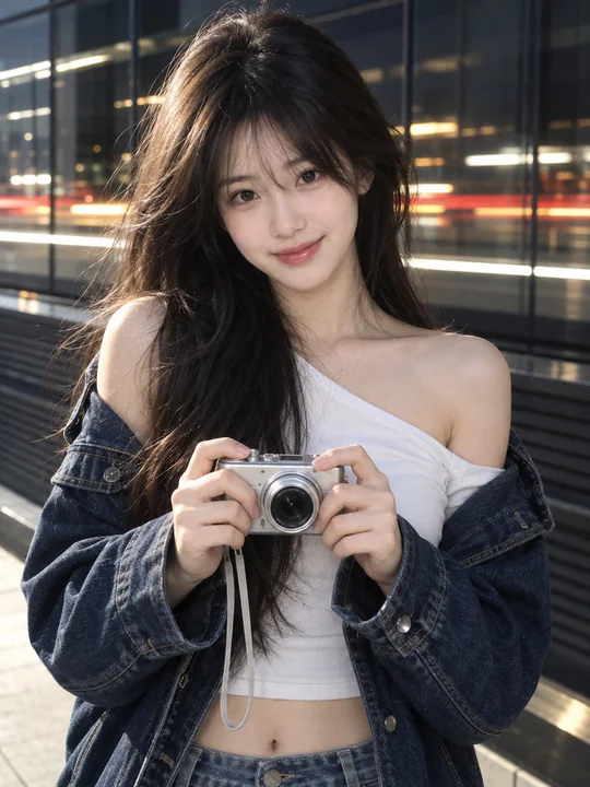 手持数码相机的深色长发女生人像