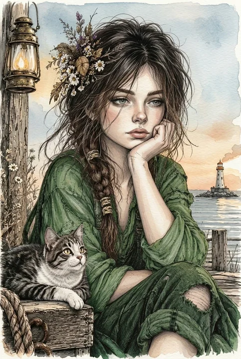 海边码头沉思女孩与猫水彩插画
