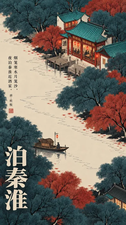 新中式细线设色古诗词艺术海报