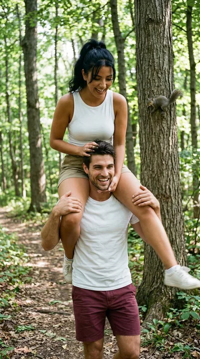 تصوير فوتوغرافي وثائقي على غرار الأفلام، يُصور شقةً لرجل وامرأة يحملان معدات تصويرهما على أعناقهم عبر درب مغطى بالغابة.