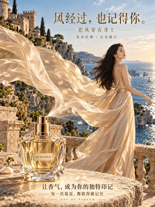 海边古堡夕阳香水广告海报