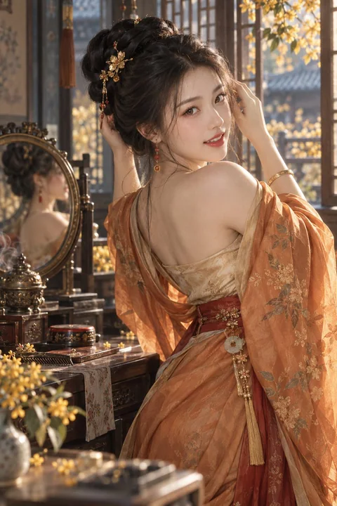 秋日暖阁东亚仕女试簪回眸超写实摄影