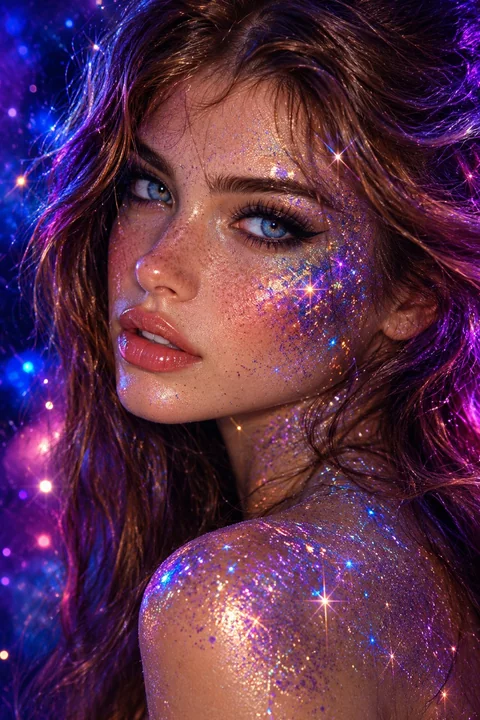 星际璀璨闪粉妆容女性肖像