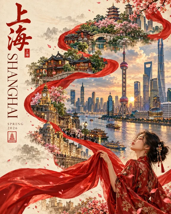 现代丝带流转旅游插画海报