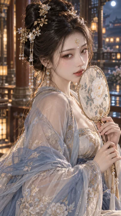 盛唐锦绣:雾蓝纱衣与牡丹团扇的古典美人