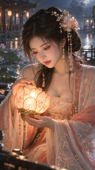 盛唐风华水榭捧灯古典美人插画
