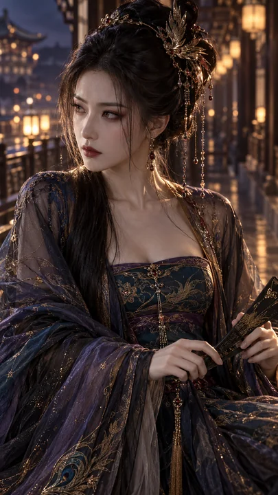 夜色宫殿中手执黑金折扇的冷艳唐风美人