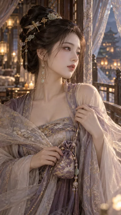 烟紫宫廷影:唐风写意疏离仕女图