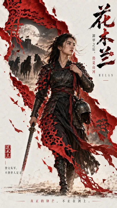 新東方 切り絵風「花木蘭」鎧を脱ぐ 映画ポスター