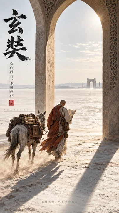 Minimalist Desert and the Lone Monk: A Documentary Poster of Xuanzang's Journey to the West