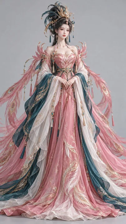 东方幻想凤翎华服女性3D设计原型