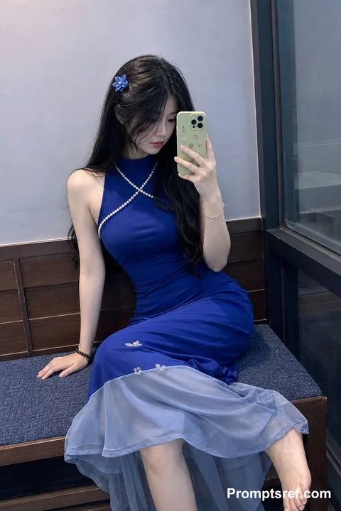 Selfie of a woman in a royal blue long dress, Japanese style, indoors, sitting on a wooden stool