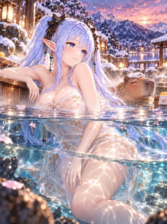 温泉入浴一半水上一半水中插图