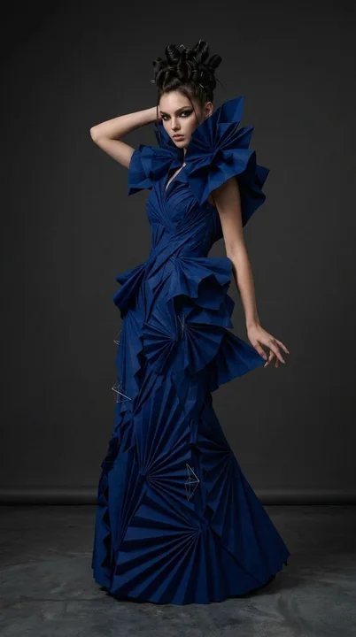 Portrait d’un mannequin portant une robe de haute couture au style origami bleu royal