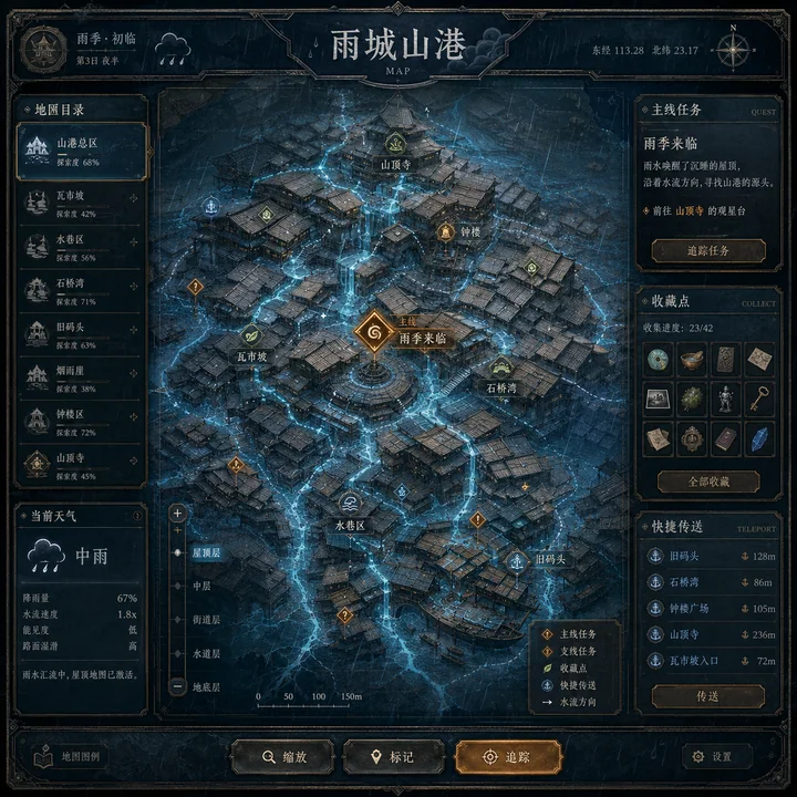 雨季山城动态流向屋顶活地图界面设计
