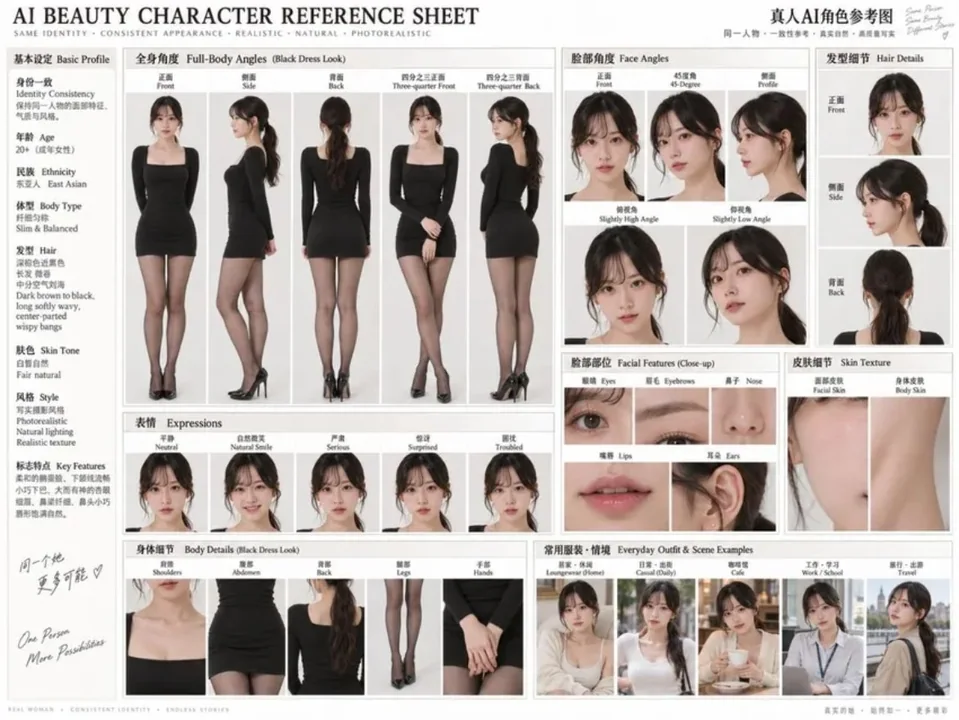 专业级AI美女角色固定参考表