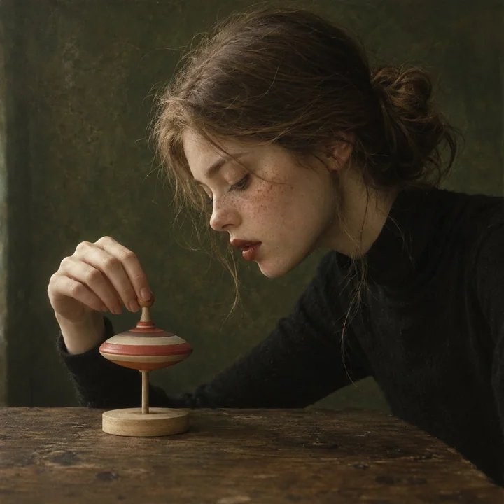 Minimalist oil-painting-style conceptual portrait of a woman and a wooden spinning top