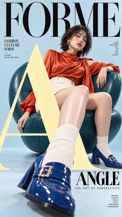 Wide-angle perspective of an East Asian model on a luxury fashion magazine cover series