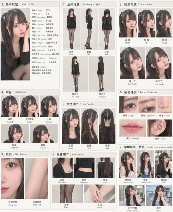 AI美女角色一致性设定参考图