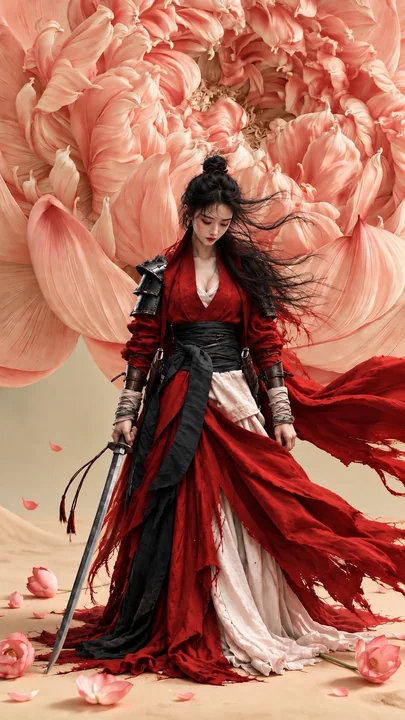 牡丹树下忧郁中国女战士电影感人像