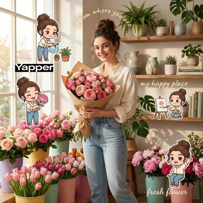 阳光花店与 Q 版少女的温馨合影