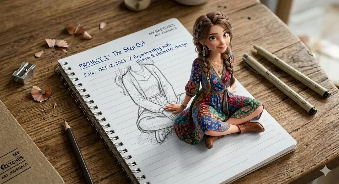 Virtuel et réel s'entremêlent : la jeune fille en 3D qui jaillit du carnet.