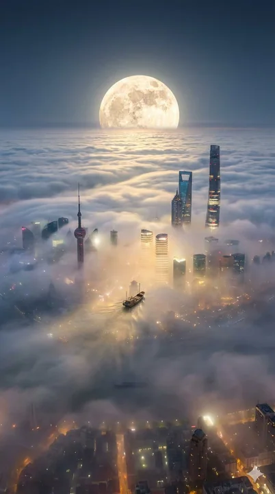 云海之中,孤舟驶往奇幻巨球的奇观之地。