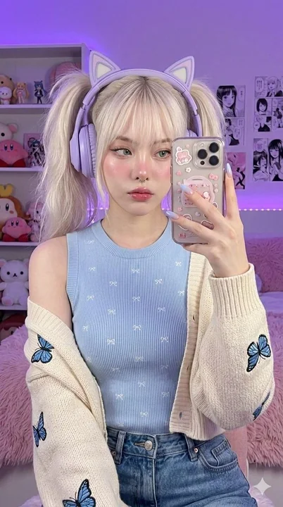 Mignonne selfie d'une jeune femme de jeu sous un éclatant pourpre magique