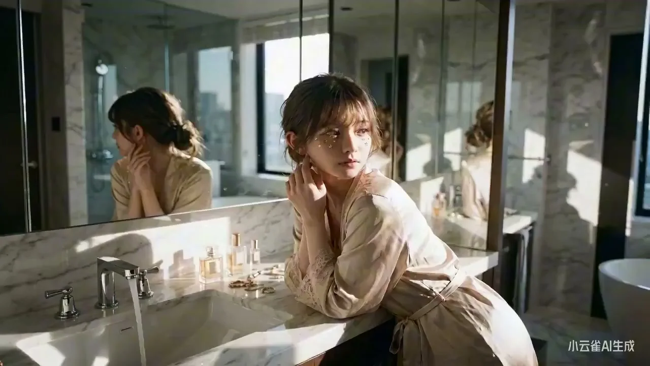 午后阳光下的浴室里，优雅的仕女正在梳妆
